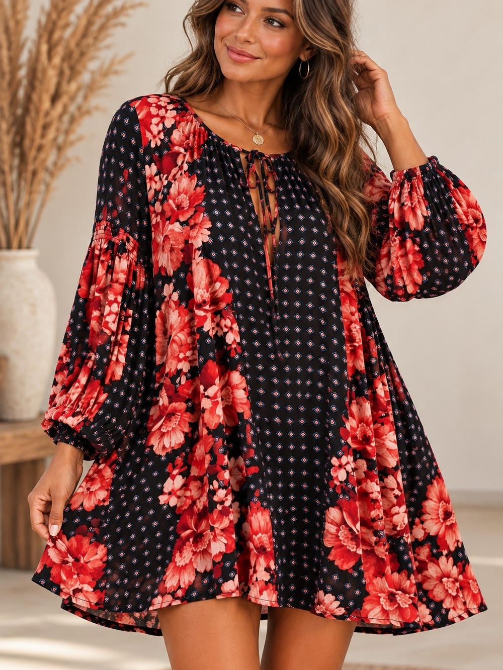 Free People Floral Geometric Tunic Mini Dress Small Boho Balloon Sleeve